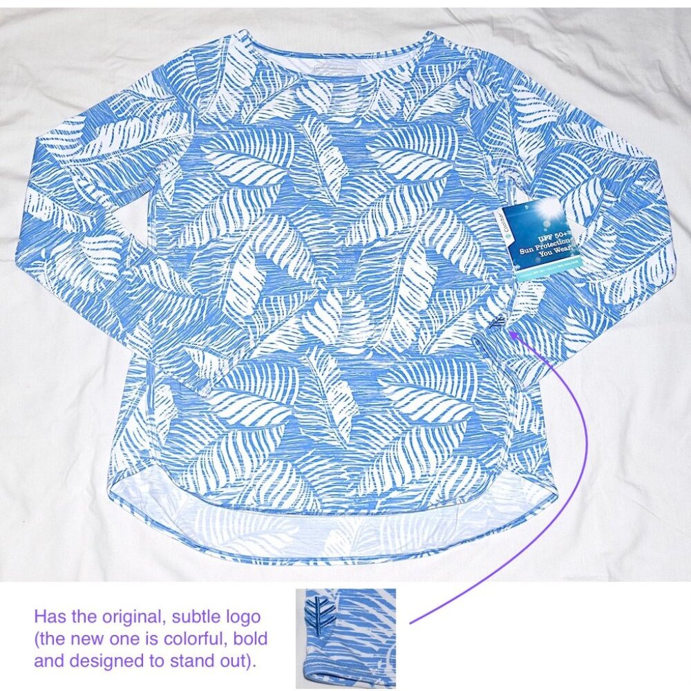 NWT Coolibar Heyday UPF50 Riviera Blue Luau Palm Shirt (has orig, subtle logo)